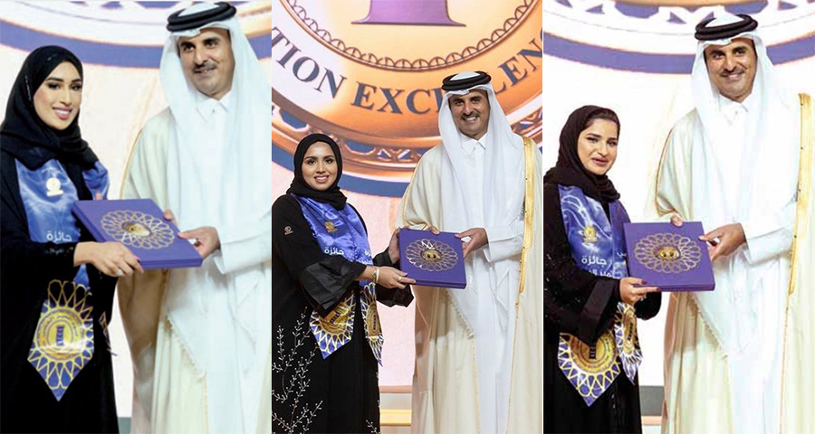 Maryam Al-Naemi, Roda Al-Hor and Latifa Khalid Al Thani receive the Education Excellence Award from HH the Amir Sheikh Tamim
