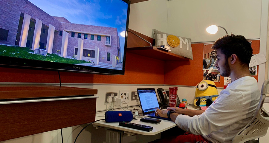 Information Systems student Arambha Niraula is learning remotely from Education City Student Housing