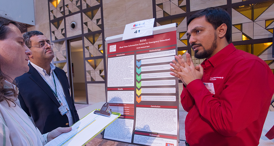 Umair Qazi presented his senior honors thesis on the topic of rapid damage assessment using social media at Meeting of the Minds 2018
