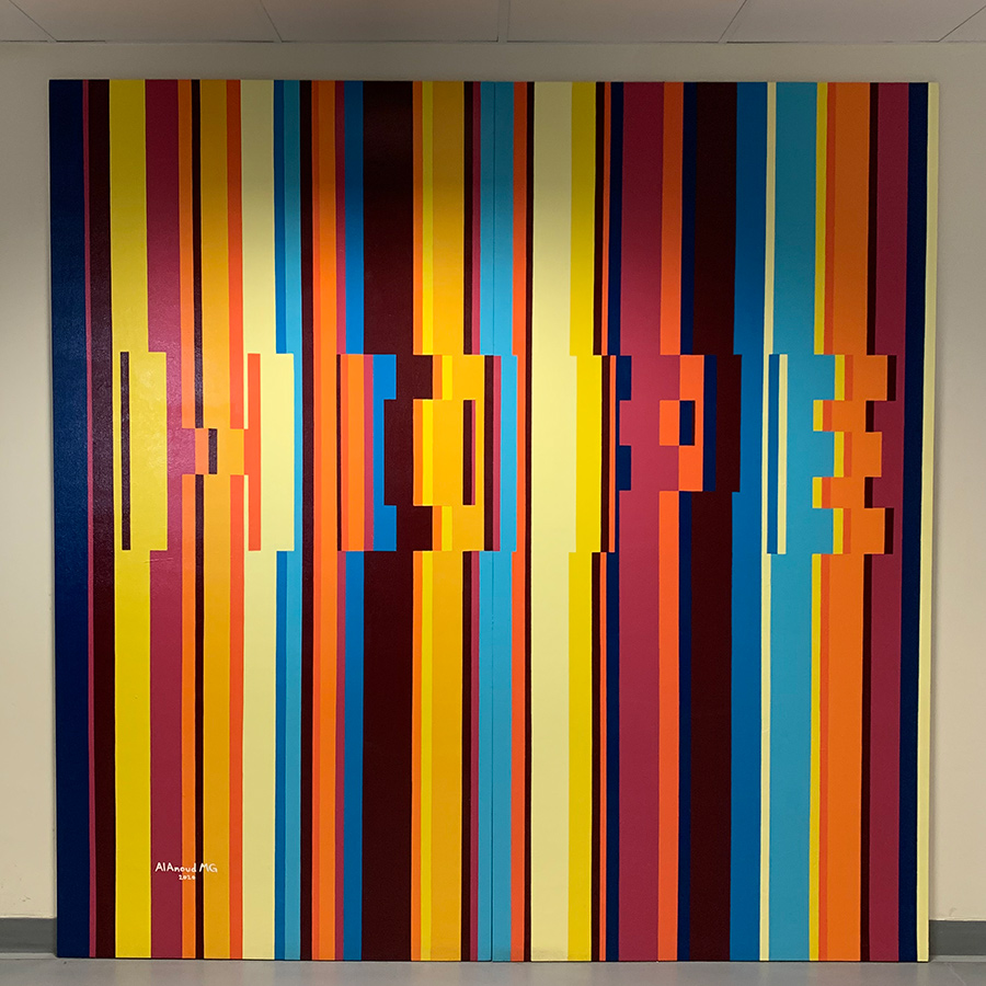 Al-Ghamdi's 'HOPE' mural conveys positivity and energy in the diagnostic area of the Umm Slal quarantine compound.