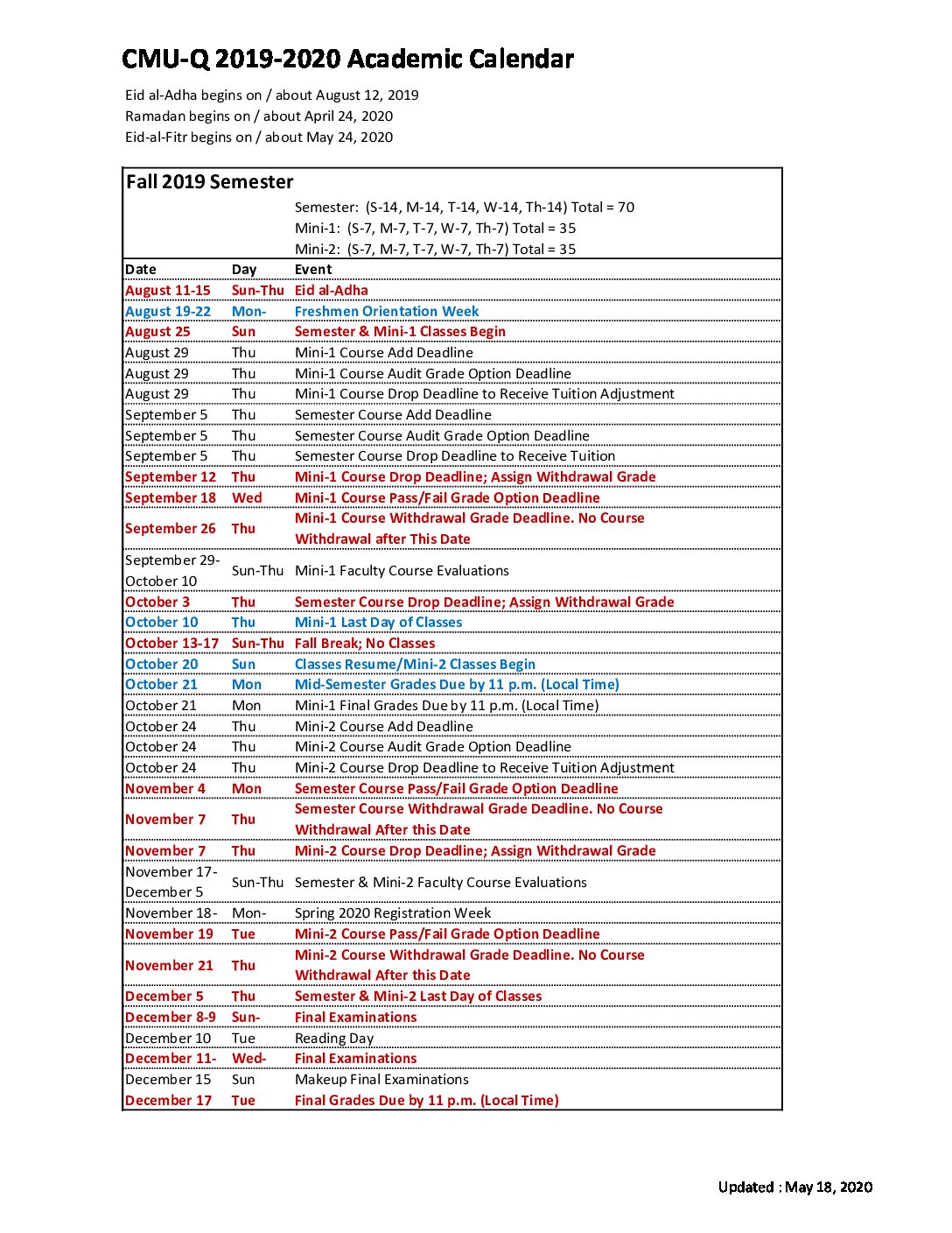 2019 2020 CMUQ Academic Calendar Updated May1 8 2020 1 - Carnegie Mellon  University in Qatar