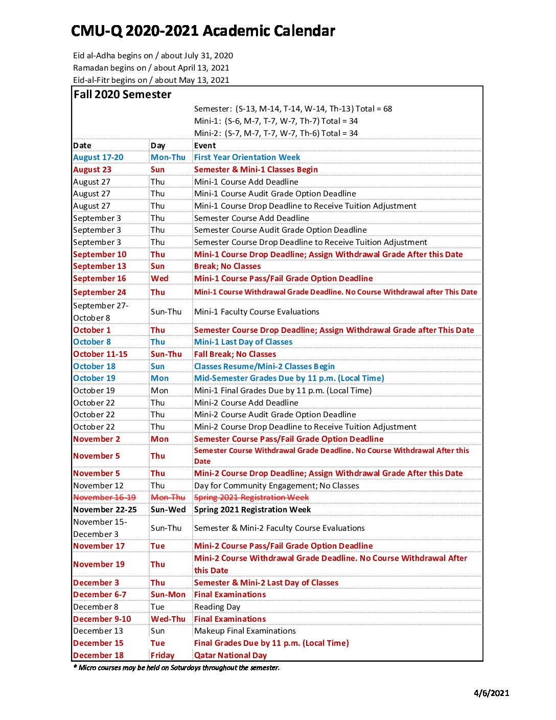2020 2021 CMUQ Academic Calendar 6April2021 1 - Carnegie Mellon University  in Qatar