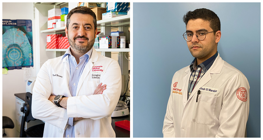 Ihab Younis (left) and Ettaib El Marabti have worked on minor intron splicing research since El Marabti was a CMU-Q undergraduate.