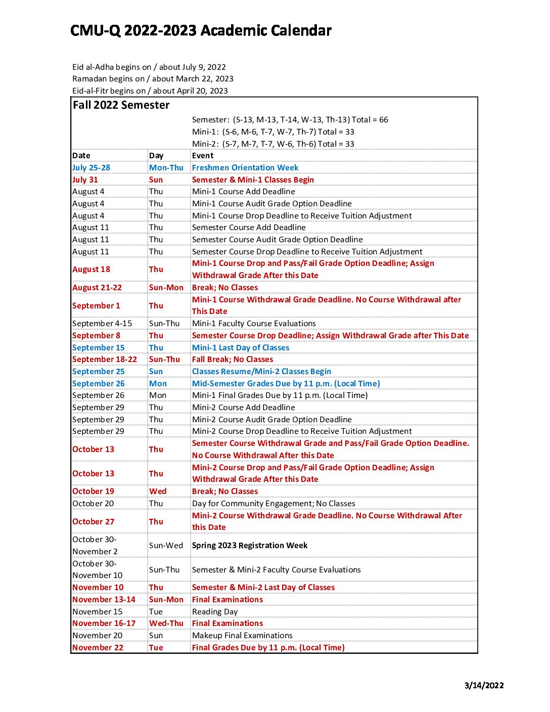CMUQ 2022 2023 Academic Calendar Rev - Carnegie Mellon University in Qatar