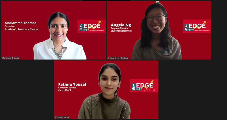 Mariamma Thomas, Angela Ng, and first-year student Fatima Yousaf at Summer Edge 2021.