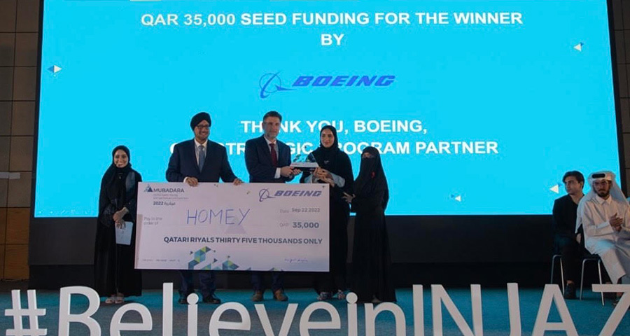 Maria Sultana Mina and Latifa Alnaimi (both right) receive first prize at Mubadara 2022