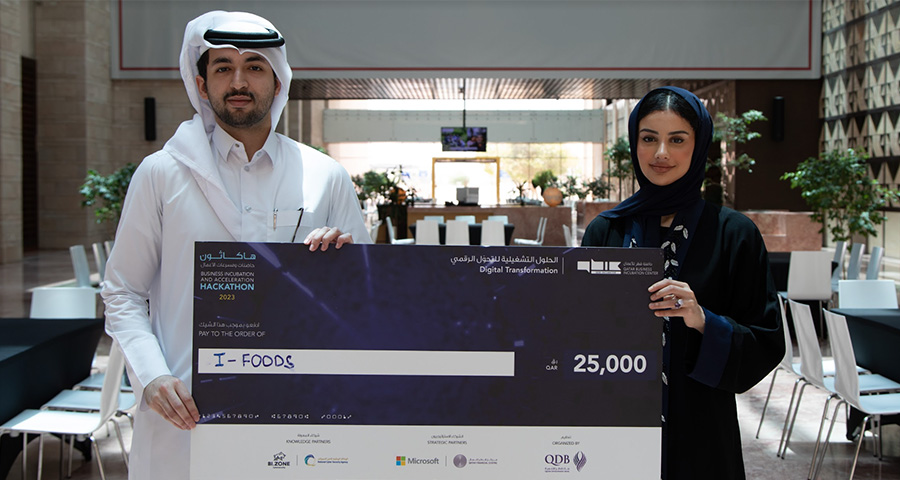Mohammad Fadhel Annan and Lujain Al Mansoori, information systems juniors won the FoodTech category in the Business Incubation and Acceleration Hackathon, hosted by Qatar Development Bank.