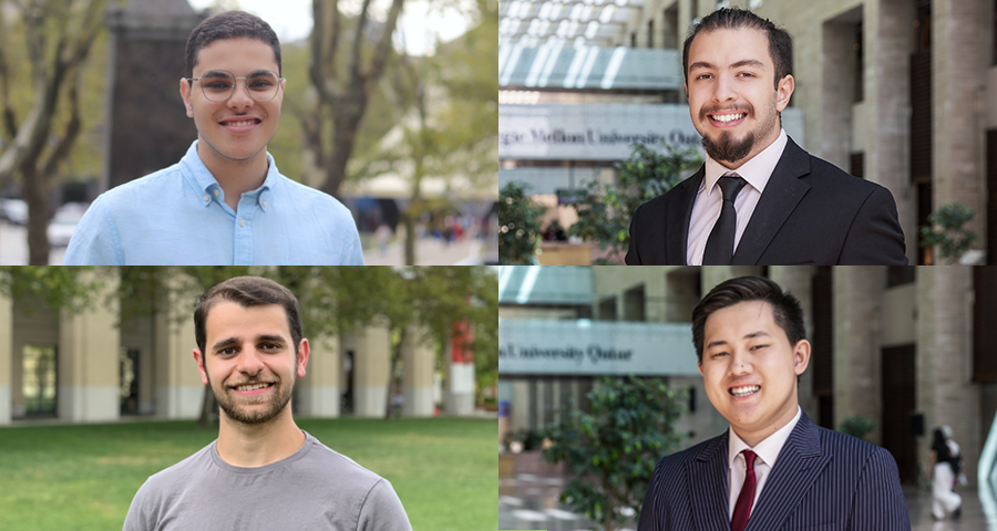 The Class of 2024 Qatar Campus Scholars are Yahya Elkhatib, Amiko Gogitidze Ulan Seitkaliyev, and Ahmad Alhallaq.