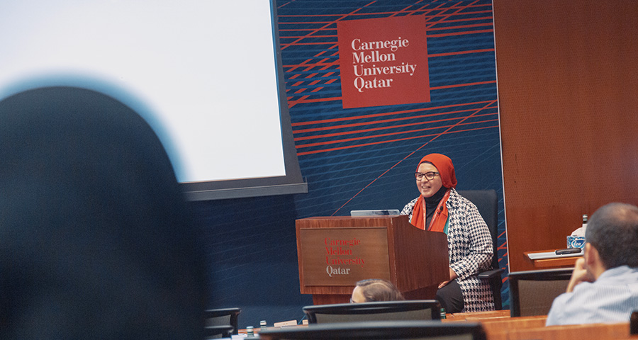 Mona Diab speaking at CMU-Q.