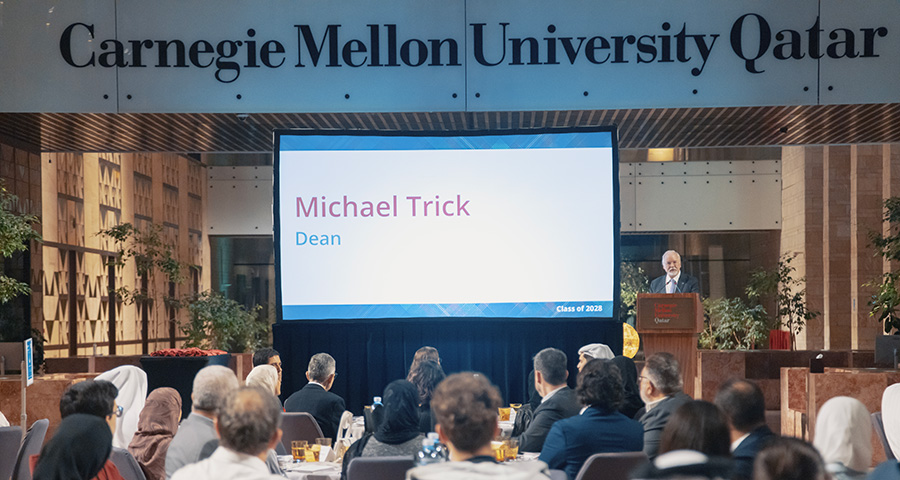 Dean Trick welcomed the Early Decision students at a dinner in the CMU-Q building.