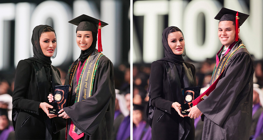 Muneera Al-Baker and Yahya Elkhatib received QF Excellence Awards at QF Convocation for the Class of 2024.