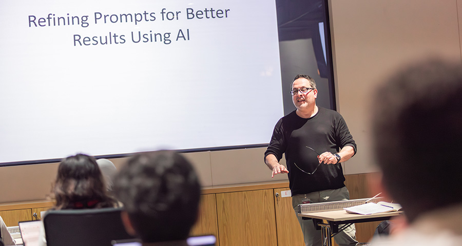 Nasser Aleddine leads a workshop for staff and faculty on refining prompts for generative AI.